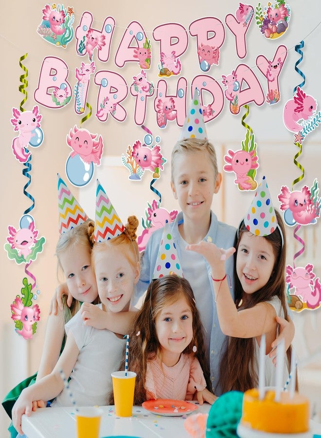iPartyGo Axolotl Happy Birthday Banner - 12PC Pink Birthday Decor Backdrop Sign Party Supplies Set Cute Animals Photo Background Supplies Hanging Swirls Decorations Girls Boys Women Men Children Kids - Image 4